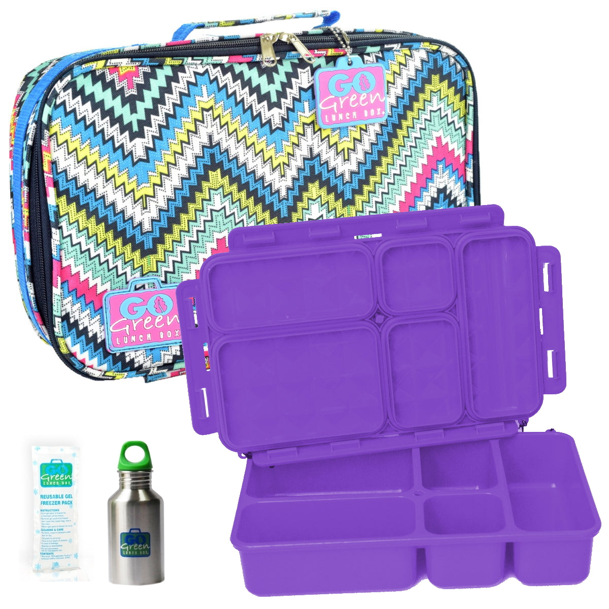 Go Green Leak-Proof Lunchbox Set Zoe's Zig Zag with Purple Food Box