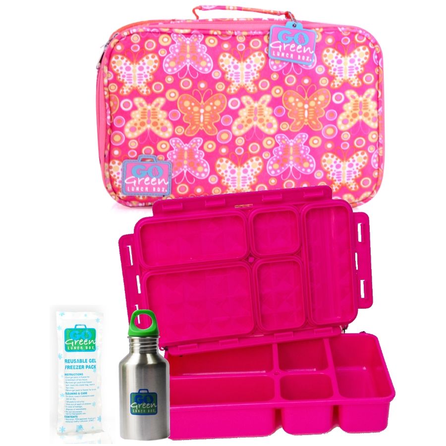 Go Green Leak-Proof Lunchbox Set Butterfly Bash with Pink Food Box