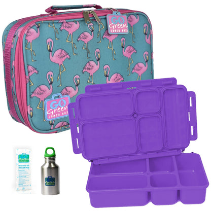 Go Green Leak-Proof Lunchbox Set Flamingo with Purple Food Box