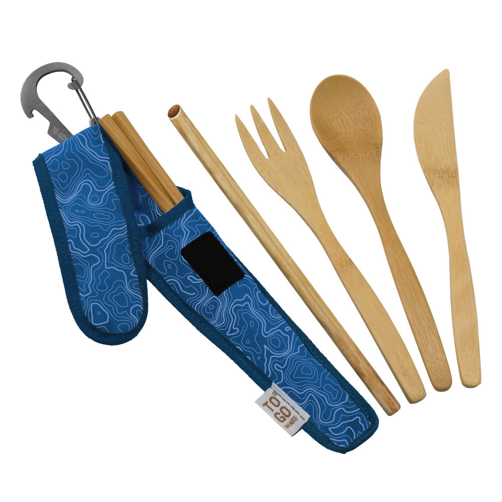 To Go Ware RePETe Premium Bamboo Utensil Set Blue Topo