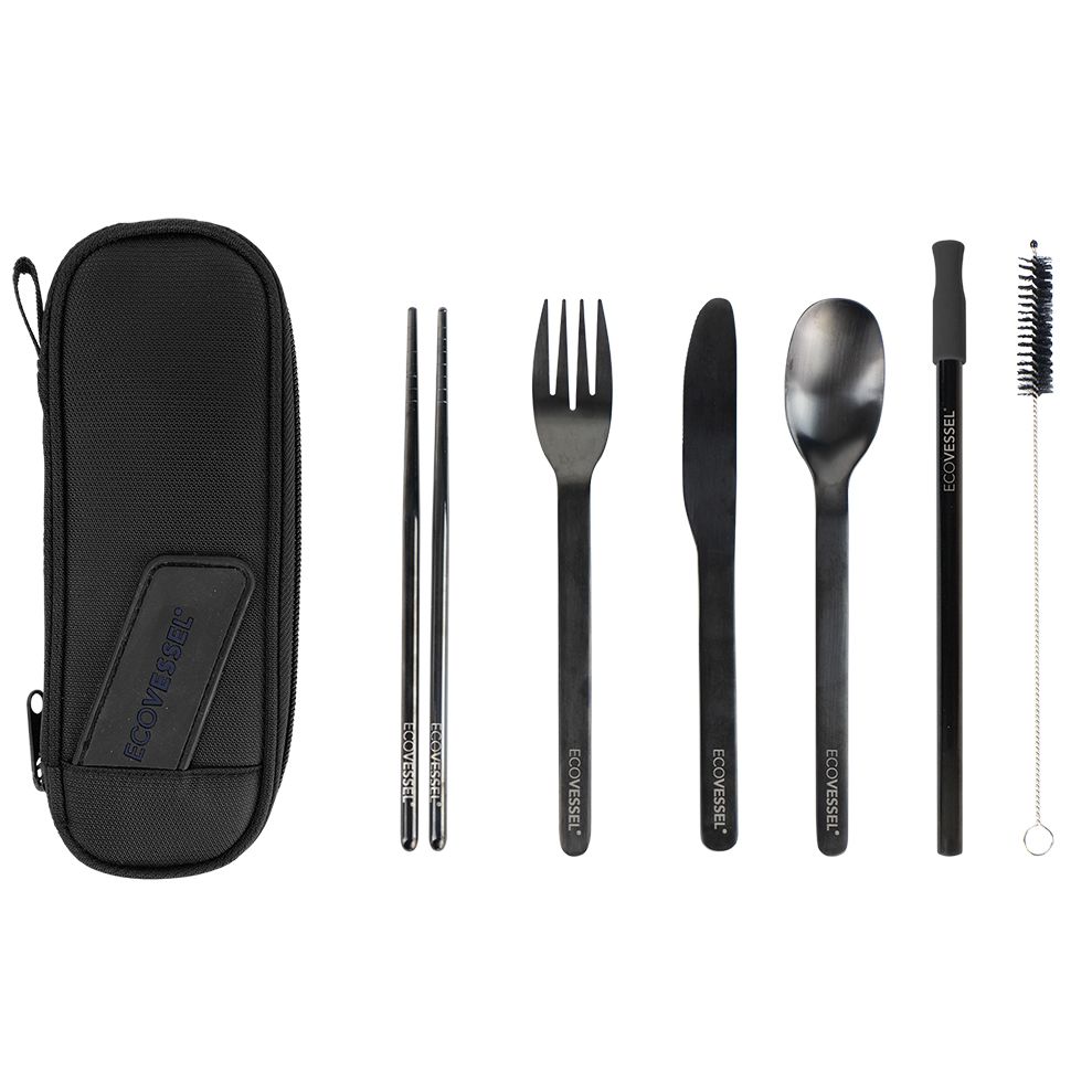 EcoVessel Wanderware 6-Piece Reusable Stainless Steel Utensil Set Black Shadow