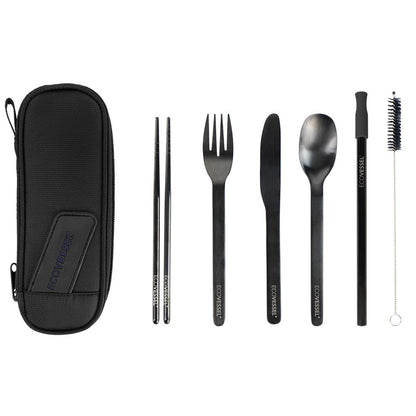 EcoVessel Wanderware 6-Piece Reusable Stainless Steel Utensil Set Black Shadow