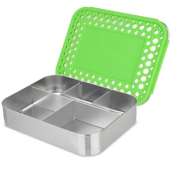 LunchBots Cinco Stainless Steel 5 Compartment Bento Box Green Lid