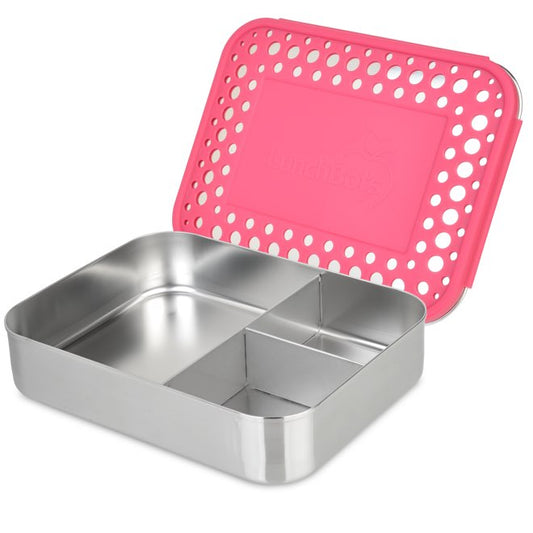 LunchBots Large Trio Stainless Steel 3 Compartment Bento Box Pink Lid