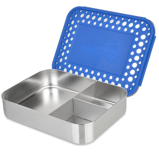 LunchBots Large Trio Stainless Steel 3 Compartment Bento Box Blue Lid