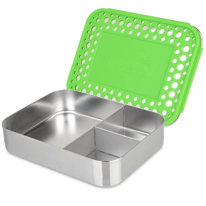 LunchBots Large Trio Stainless Steel 3 Compartment Bento Box Green Lid