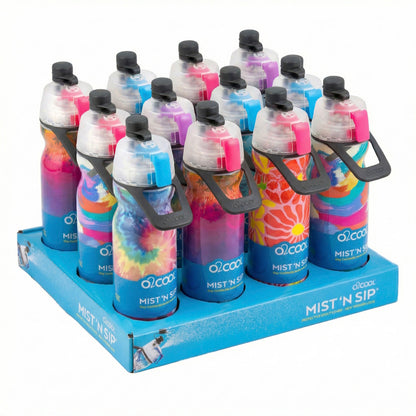 Display case of 12 assorted O2Cool Mist ’N Sip insulated water bottles with built-in misting function