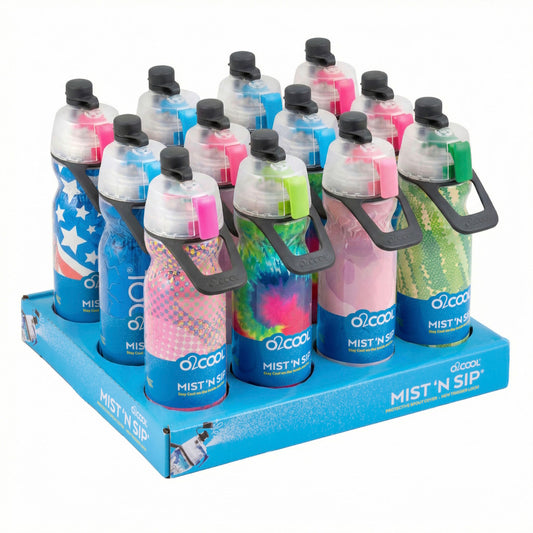 Display case of 12 assorted O2Cool Mist ’N Sip insulated water bottles with built-in misting function