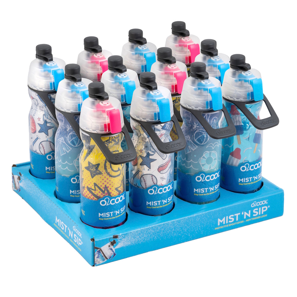 Display case of 12 assorted O2Cool Mist ’N Sip insulated water bottles with built-in misting function